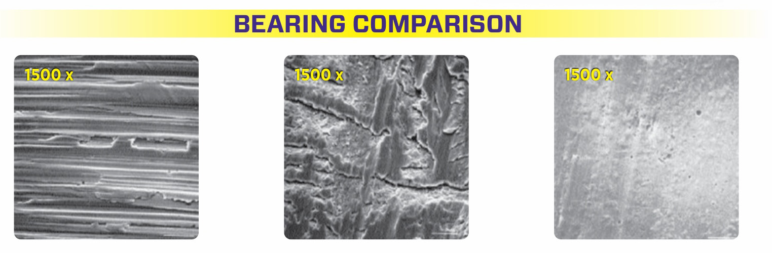 ベアリング表面比較（1500倍）：先進合成油／Royal Purple HPS／新品ベアリング